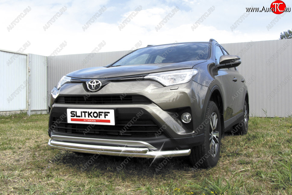 13 699 р. Защита переднего бампера Slitkoff (Ø57 и 42 мм) Toyota RAV4 XA40 5 дв. рестайлинг (2015-2019) (Нержавейка полированная)  с доставкой в г. Горно‑Алтайск