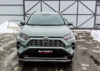 13 699 р. Защита переднего бампера Slitkoff (Ø57 и 42 мм)  Toyota RAV4  XA50 (2018-2025) 5 дв. дорестайлинг (Нержавейка)  с доставкой в г. Горно‑Алтайск. Увеличить фотографию 2