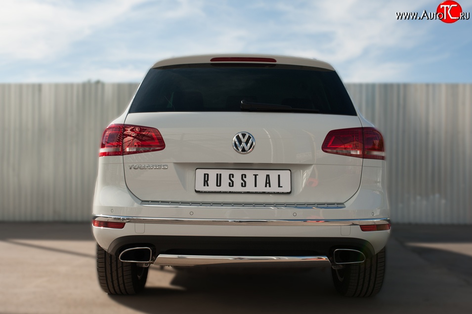 15 649 р. Защита заднего бампера (Ø75x42 мм, нержавейка) Russtal Volkswagen Touareg NF рестайлинг (2014-2018)  с доставкой в г. Горно‑Алтайск