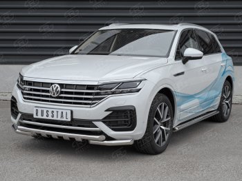 33 999 р. Защита переднего бампера (2 трубы Ø63 с клыками, нержавейка not 2.0 tsi) SLITKOFF Volkswagen Touareg CR (2018-2024)  с доставкой в г. Горно‑Алтайск. Увеличить фотографию 3