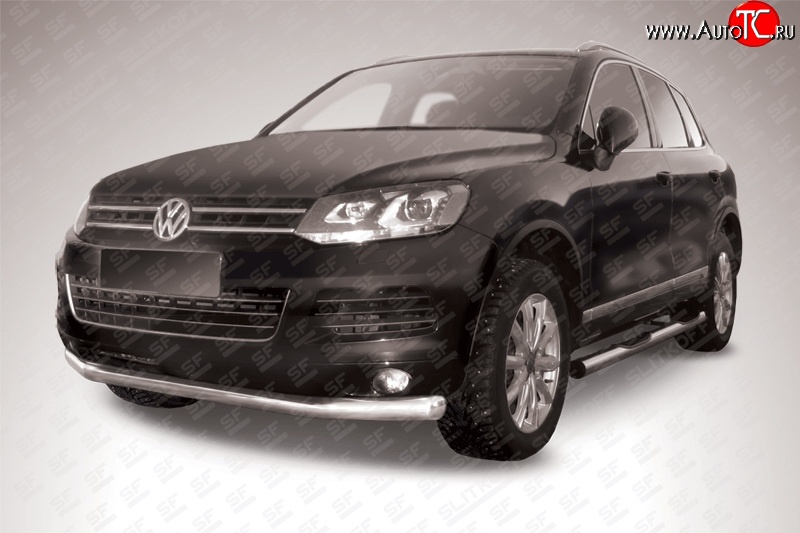 17 899 р. Одинарная защита переднего бампера диаметром 76 мм Slitkoff  Volkswagen Touareg  NF (2010-2014) дорестайлинг (Цвет: нержавеющая полированная сталь)  с доставкой в г. Горно‑Алтайск